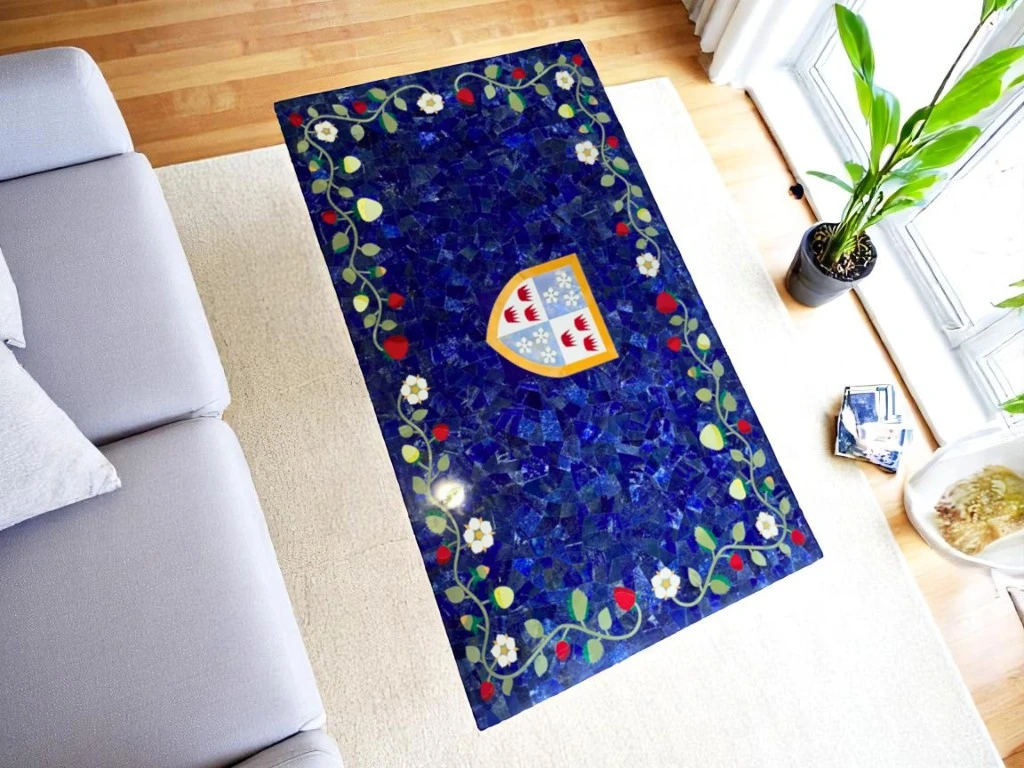 Marble Top Rectangular Dining Table - Lapis Lazuli Inlay Stone 